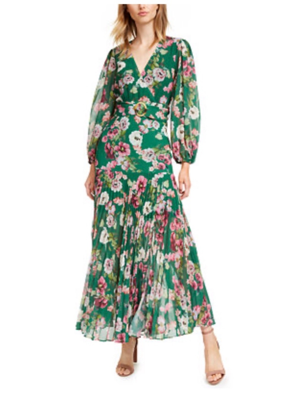 Bardot Green Floral Maxi Dress with Pink & White Blooms- spring-wedding dress